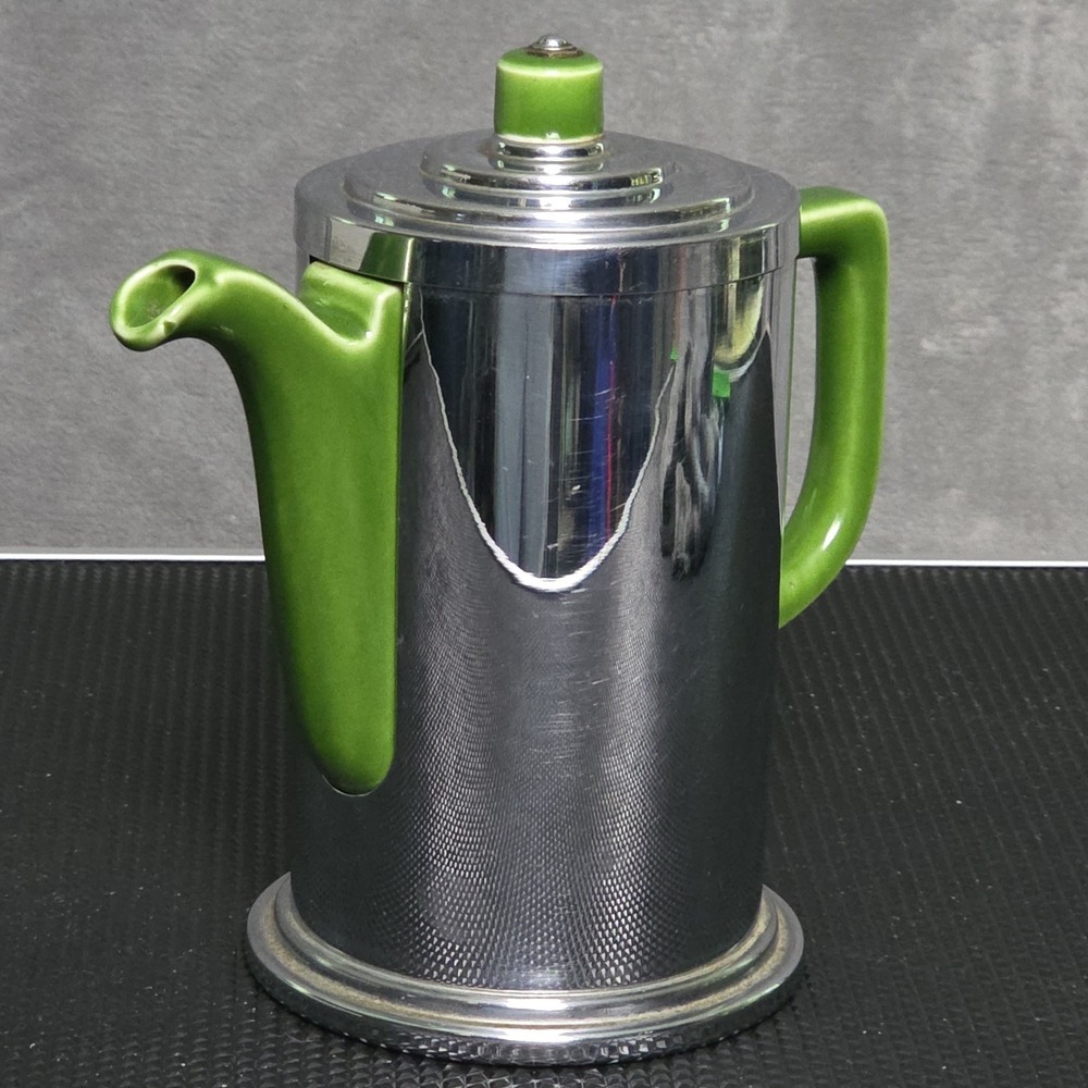 Vintage Manning Bowman Coffee Pot Art Deco Green Ceramic And Stainless Steel